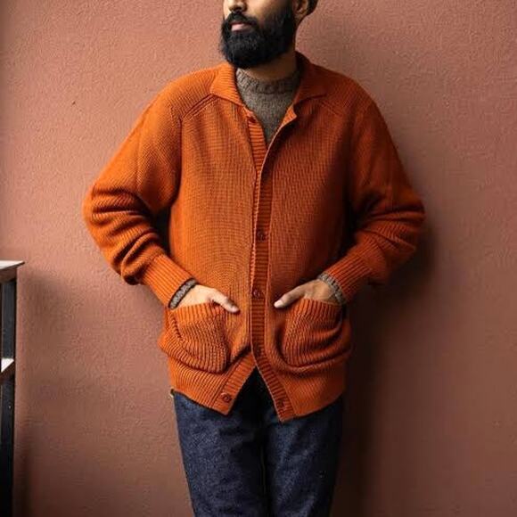 3sixteen Rust Orange Ribbed Knit Cardigan S NEW Cotton Spread Collar Sweater